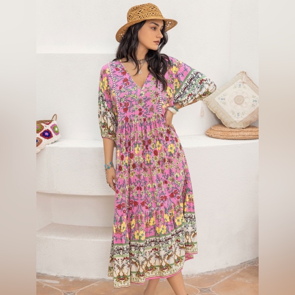 Carnation Pink Printed V-Neck Balloon Sleeve Dress - Picture 4 of 7